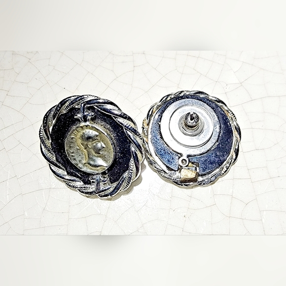 Classic Greek Roman coin silver and blue round button posts pierced earrings - Picture 3 of 7